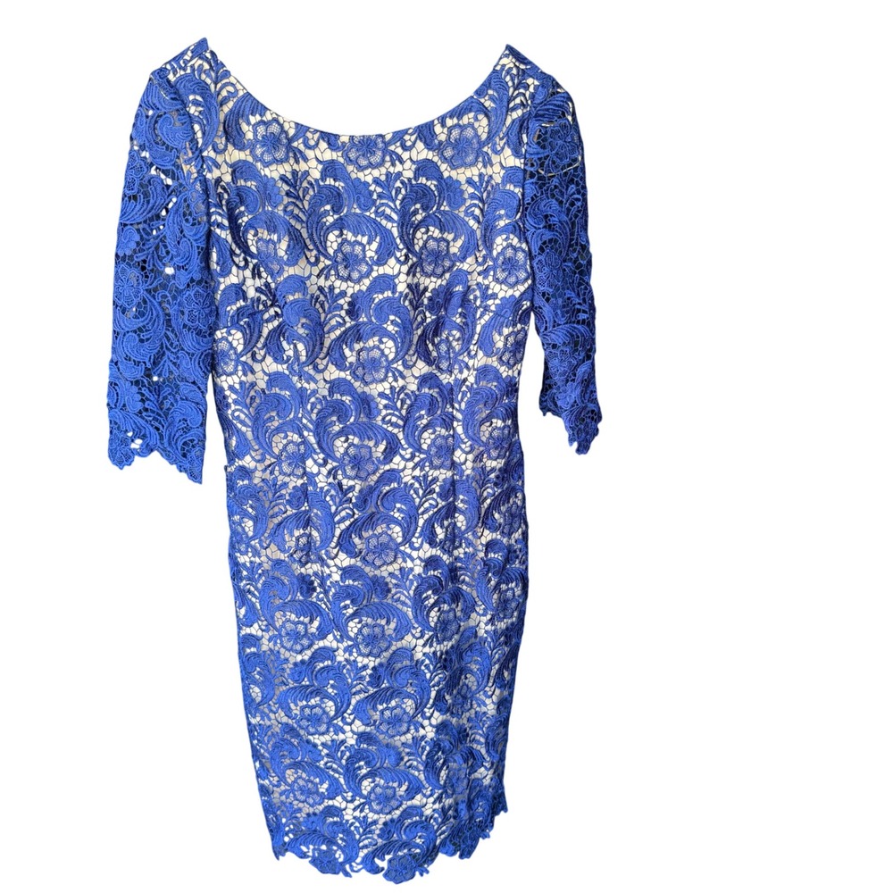 Eliza J Royal Blue Floral Guipure Lace V-Neck Sheath Cocktail Dress Size 10 - Picture 11 of 15